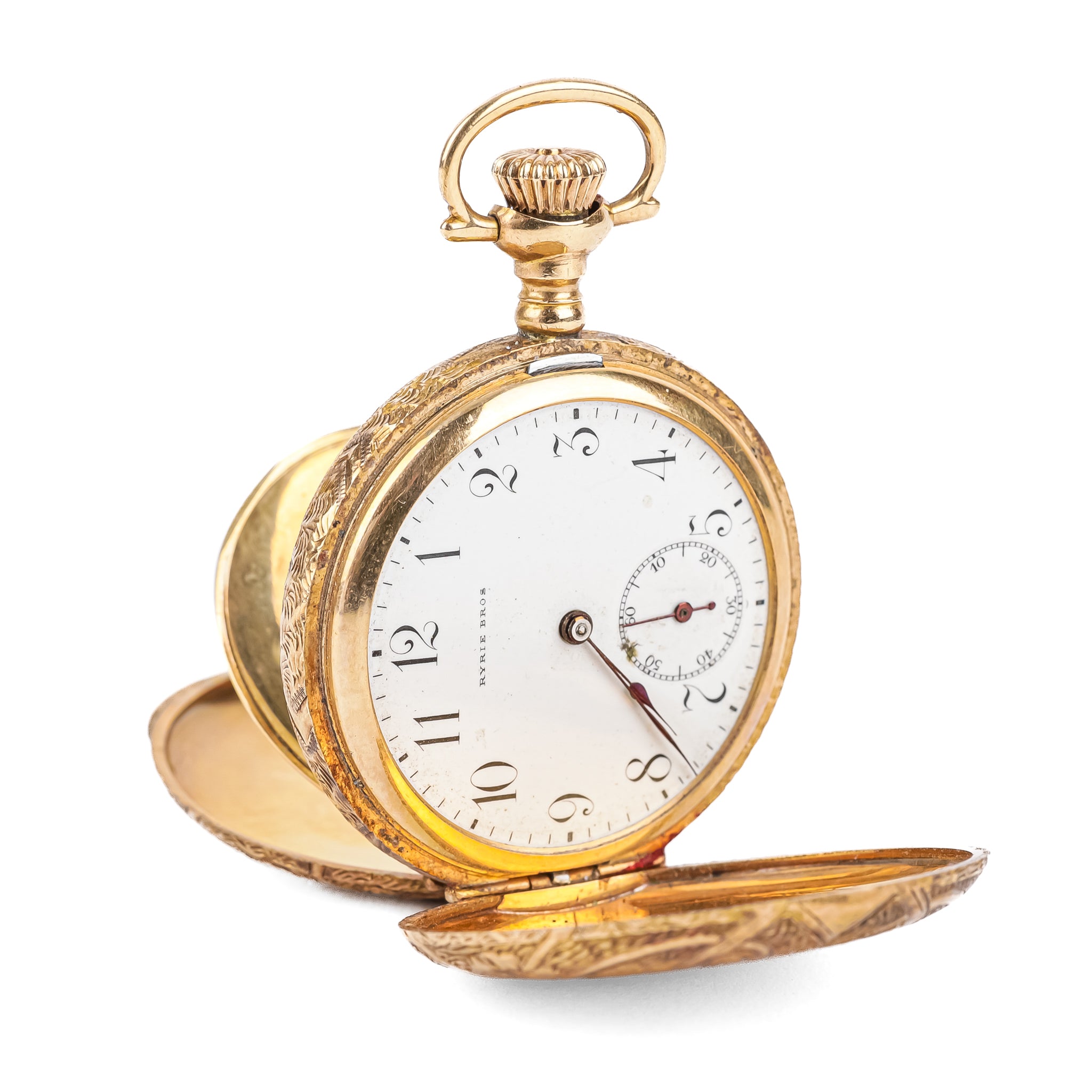 RYRIE BROS 14K Yellow Gold Art Nouveau Double Hunter Pocket Watch Around The Block