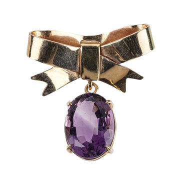 14K Yellow Gold Oval Amethyst Bow Brooch