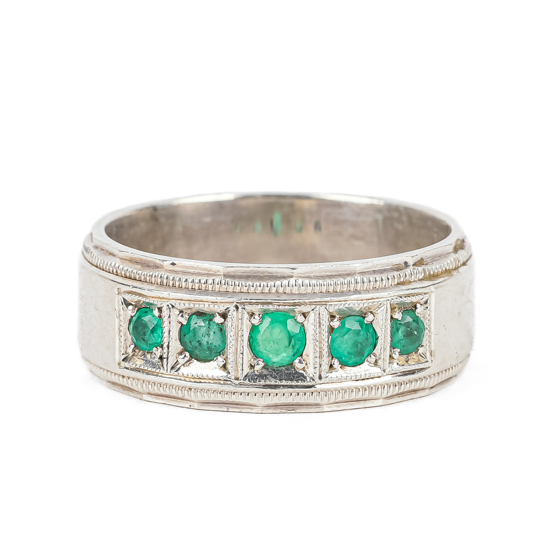 950 Silver Emerald 5 Stone Band Ring