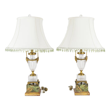 PAIR Vintage Crystal & Brass Amphora Style Lamps w/Shades