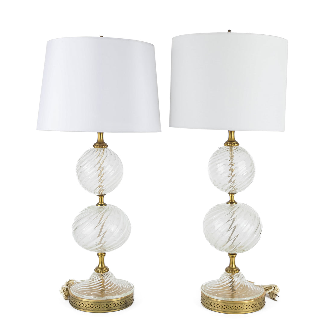 Vintage Blown Glass Ball Lamps w/White Drum Shades