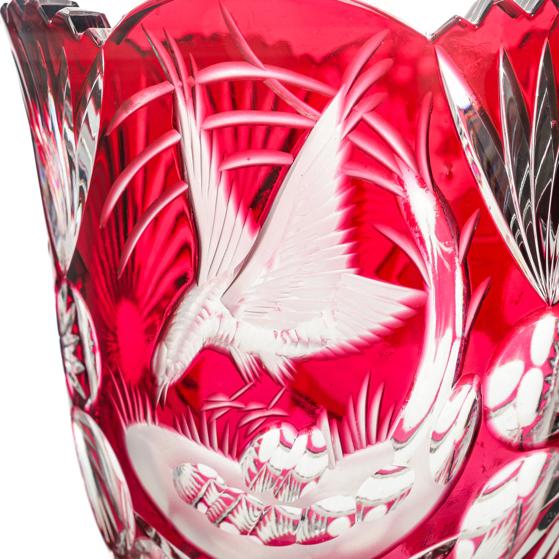 CARL GOLDBERG Red Case Bird Cut To Clear Pedestal Vase