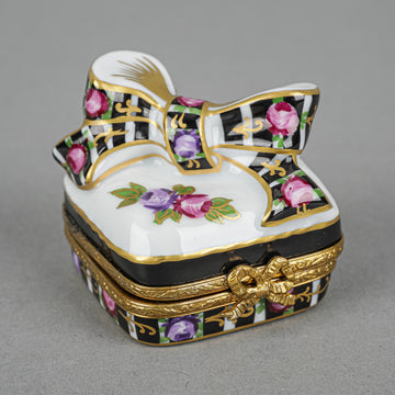 Limoges Hand Painted Floral Bow Trinket/Pill Box